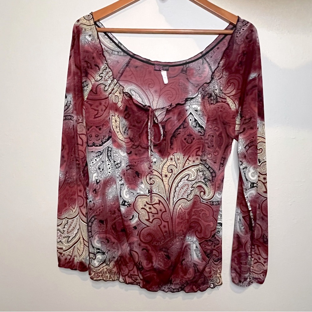 90s Y2K Burgundy Red Long Sleeve Paisley Tie Dye Blouse